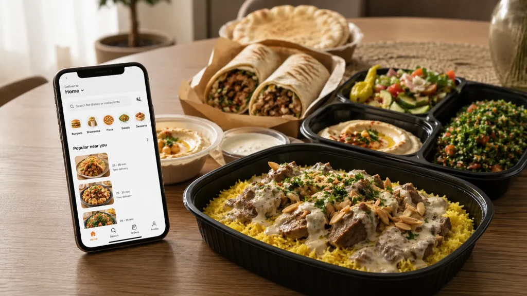 هاتف يعرض تطبيق توصيل طعام بجانب وجبات أردنية متنوعة