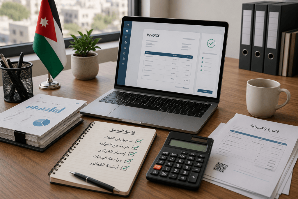 صاحب عمل ومحاسب في الأردن يراجعان الفواتير الإلكترونية على جهاز حاسوب ضمن نظام الفوترة الوطني.
