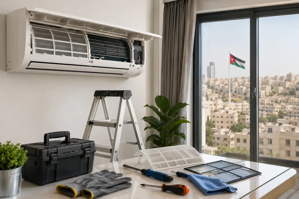 فني صيانة ينظف مكيف سبليت داخل منزل في الأردن