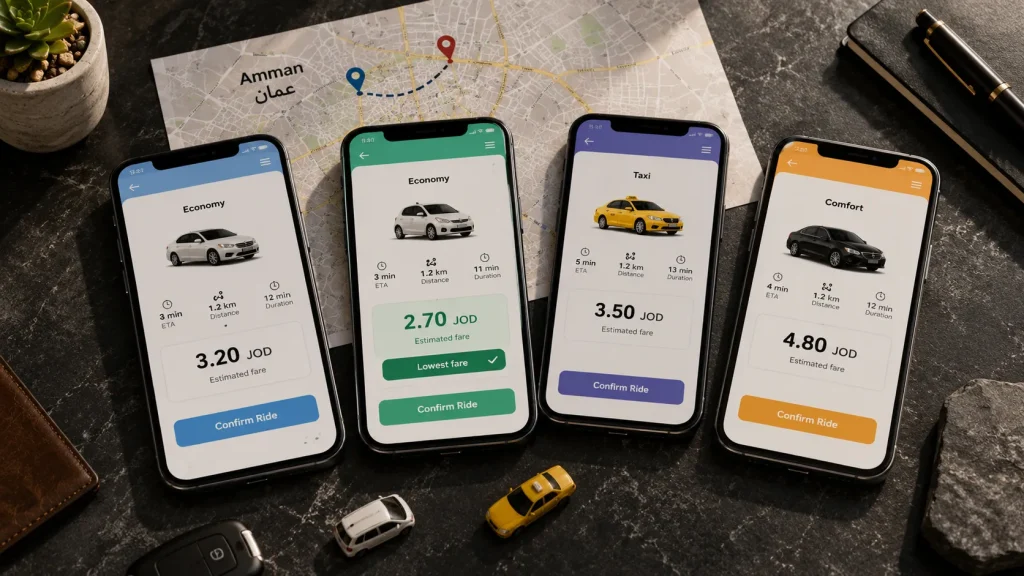مقارنة أسعار تطبيقات توصيل الركاب في الأردن على عدة هواتف