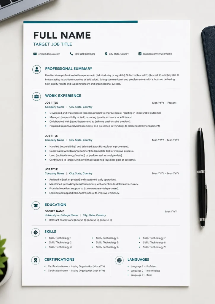 Modern single-column English ATS resume template