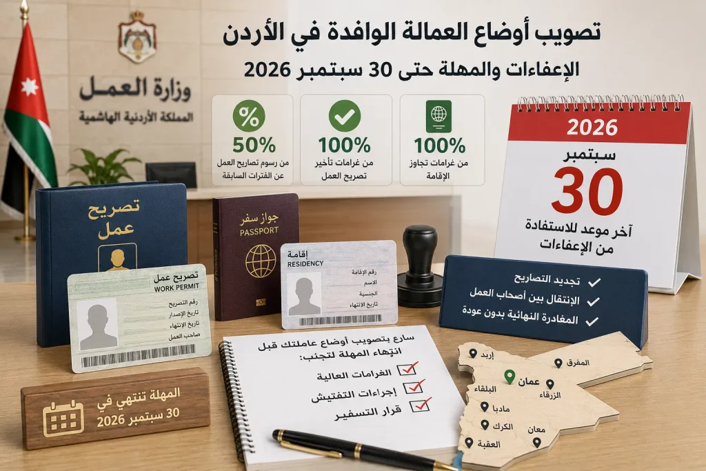 تصويب أوضاع العمالة الوافدة في الأردن مع تصاريح عمل وإقامة وموعد المهلة حتى نهاية سبتمبر