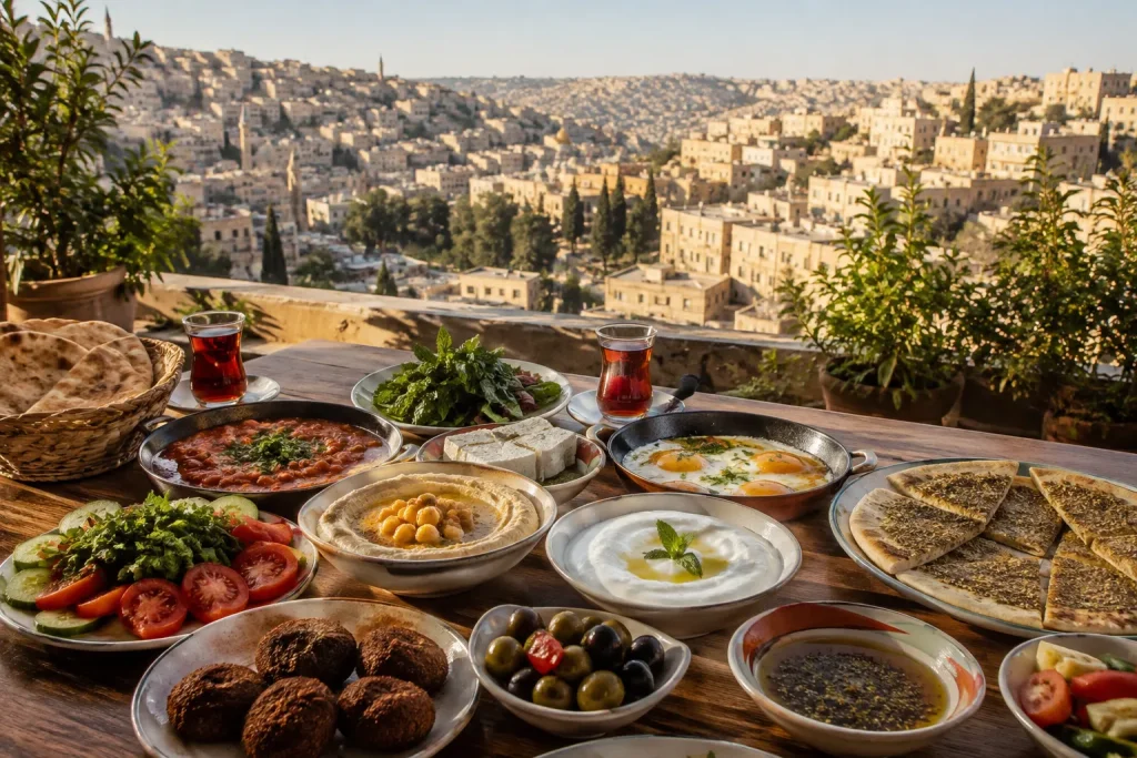 صورة لمائدة عليها فطور اردني صباحي