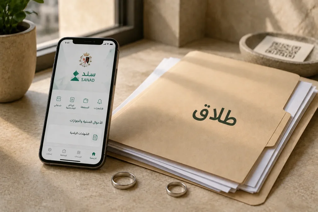 هاتف وملف وثائق يرمزان إلى استخراج شهادة الطلاق إلكترونيًا في الأردن عبر سند
