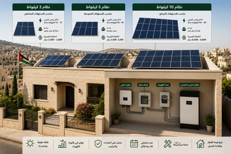 أسعار أنظمة الطاقة الشمسية 3 و 5 و 10 كيلوواط في الأردن 2026