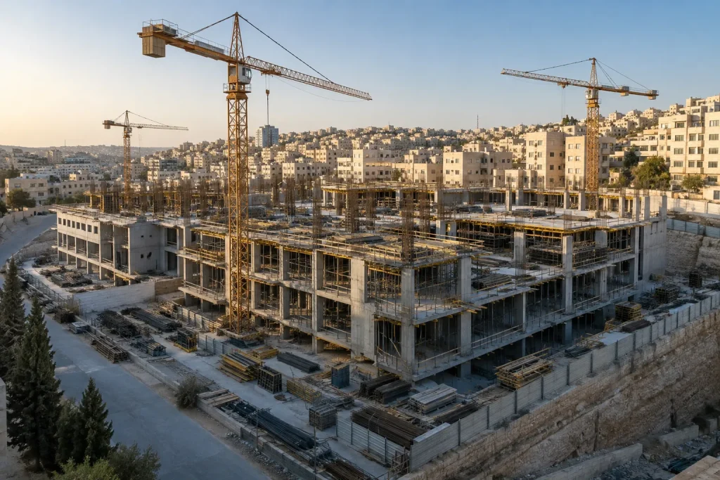 موقع مشروع إنشائي كبير في عمّان يمثل شركات المقاولات والبناء في الأردن